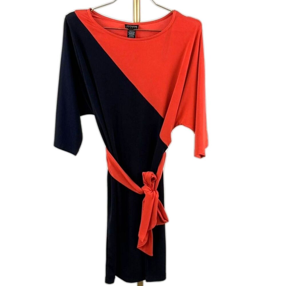 En Focus Studio Women's Navy Orange Colorblock Faux Wrap Dress Size 4